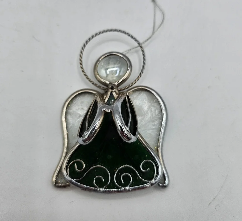 Vintage Stained Glass Angel Christmas Ornament w/ Silver Metal Trim Green
